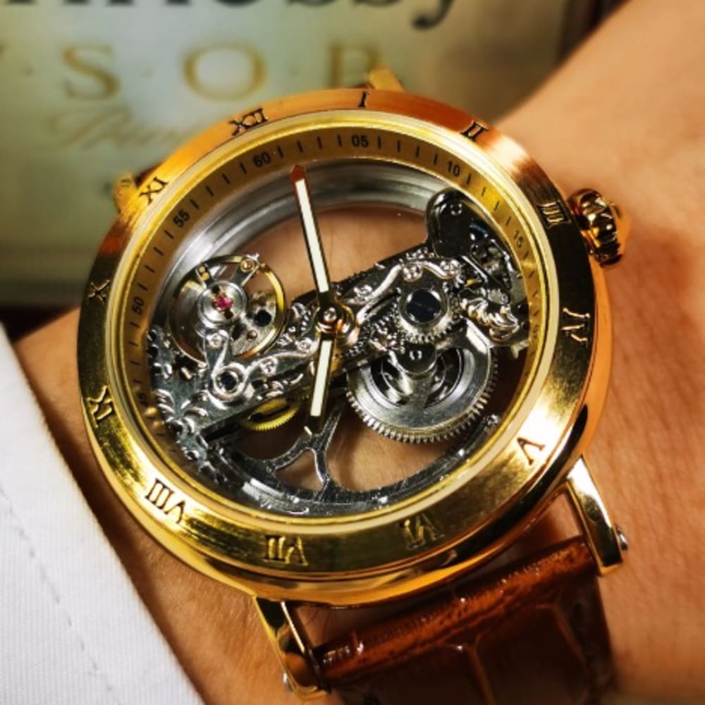 Golden Bridge Skeleton Automatic Mens Watch Luxury with Genuine Leather Strap